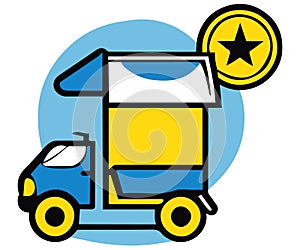 A transport truck with a star above it and a coin behind it