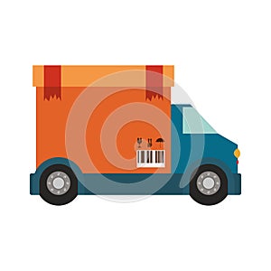 Transport truck with vagon of sealed packaging tape in carton with box cover