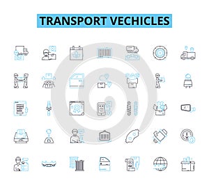 Transport vechicles linear icons set. Automobiles, Buses, Cars, Cycles, Delivery, Electric, Fleet line vector and