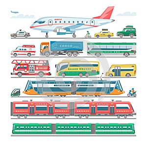 Transport vector public transportable bus or vehicle and plane or train illustration bicycle for transportation in city