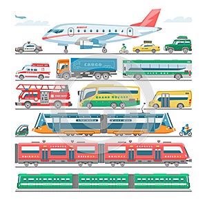 Transport vector public transportable bus or vehicle and plane or train illustration bicycle for transportation in city photo