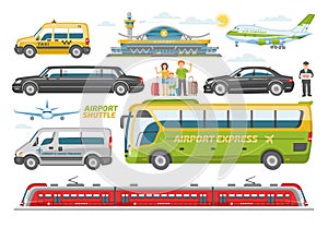 Transport vector public transportable vehicle bus or train and car for transportation in city illustration set of people