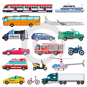 Transport vector public transportable vehicle plane or train and car or bicycle for transportation in city illustration