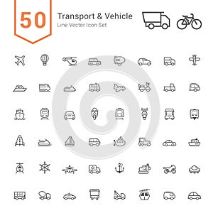 Transport & Vehicle Icon Set. 50 Line Vector Icons.