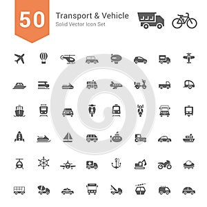 Transport & Vehicle Icon Set. 50 Solid Vector Icons.