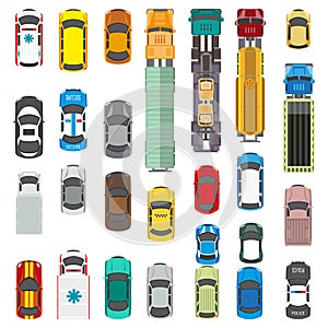 Transport vehicles collection with service cars and trucks top view