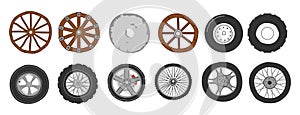 Transport wheels. Doodle car motorcycle and bicycle tires. Different auto rims and tyre types. Ancient cartwheels. Wooden metal