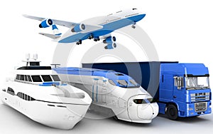 Transport. Yacht, train, truck and plane.