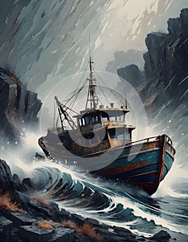 Transportation amidst storm, ship battling massive waves, overcast sky, Generated with AI