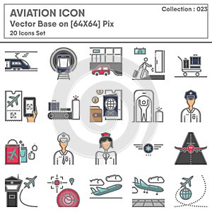 Transportation and Aviation Airport Icon Set, Icons Collection of Transport Airline for Business Travel Service. Infographic of