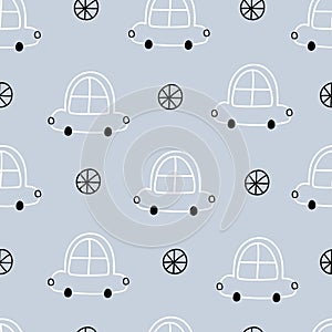 Transportation background for children car seamless pattern. Hand drawn design in children`s style.