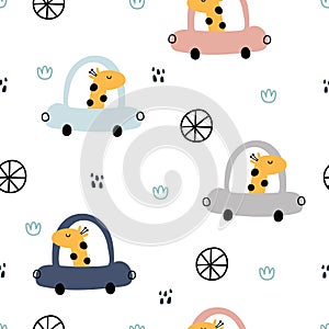 Transportation background for children Seamless pattern cartoon giraffe driving a car, hand drawn design in children`s style.