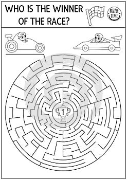 Transportation black and white maze for kids with racing cars on track. Line sport transport preschool printable activity. Round
