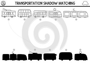 Transportation black and white shadow matching activity. Public transport line puzzle with cute bus, tram, train. Find correct