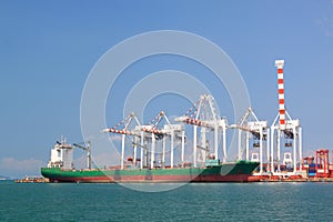 Transportation, cargo ship and containers with large crane