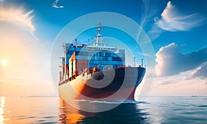 Transportation by cargo ship, online order tracking, global logistic, sea logistics. Ship, warehouse, cargo, container, courier.
