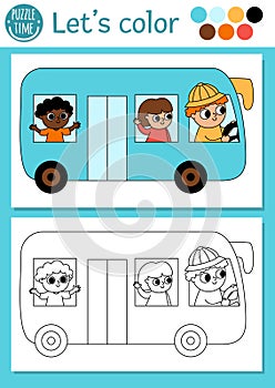 Transportation coloring page for children with bus, driver, passengers. Vector water transport outline illustration. Color book