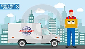 Transportation concept. Detailed illustration of delivery truck and driver, deliveryman hold the box on background with