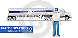 Transportation concept. Detailed illustration of gasoline truck and driver on white background in flat style. Vector