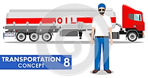 Transportation concept. Detailed illustration of gasoline truck and driver on white background in flat style. Vector