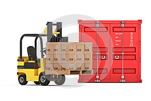 Transportation Concept. Forklift with Cardboard Boxes near Shipping Container