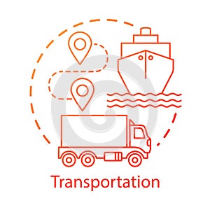 Transportation concept icon. Shipping by sea and by land. Route, ship, truck. Logistics and distribution. Cargo delivery
