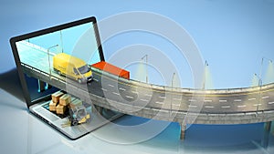 Transportation concept road from the laptop on the road going truck there are boxes and a loader on the laptop 3d render on blue