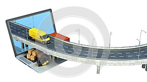 Transportation concept road from the laptop on the road going truck there are boxes and a loader on the laptop 3d render on white