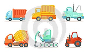 Transportation and Construction Machinery Set, Tractor, Eexcavator, Tow and Cement Truck Vector Illustration