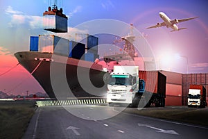 Transportation, container truck, ship in port and freight cargo plane in transport