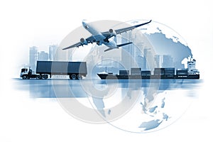Transportation, container truck, ship in port and freight cargo plane in transport and import-export commercial logistic
