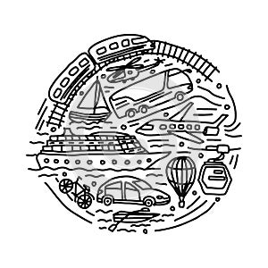 Transportation different vehicles round vector doodle illustration