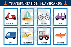 Transportation flashcards collection for kids. Vehicles flash cards set