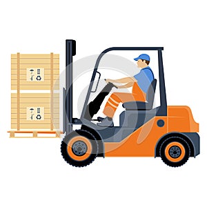 Transportation of goods by forklift. A man works on a forklift. Vector illustration isolated on white background