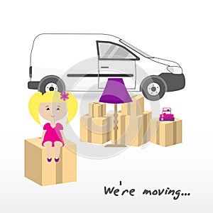 Transportation and home removal. We`re moving. A little girl is sitting on a box with things. The truck, boxes, floor lamp, books