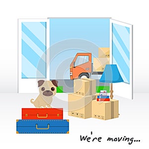 Transportation and home removal. We`re moving. A Little pug sitting on suitcases with things. The truck with boxes is visible thr