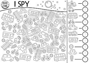 Transportation I spy black and white game for kids. Searching and counting line activity with car, bus, tram, taxi, truck, traffic