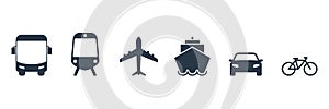 Transportation icon set. Airplane, public bus, bike, train, ship and auto car signs