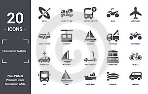 transportation icon set. include creative elements as kayak, aeroplane, tow truck, kick scooter, yawl, hybrid car filled icons can