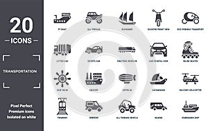 transportation icon set. include creative elements as pt boat, eco-friendly transport, car frontal view, zeppelin, minivan, ship