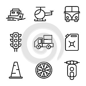 Transportation icon set include sea, transport, vehicle, ship, helicopter, flight, car, travel, traffic light, delivery, drum,