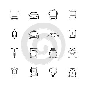 Transportation icon set in thin line style, front view