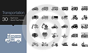 Transportation icons. Glyph design. For presentation, graphic design, mobile application or UI