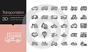 Transportation icons. Modern line design. For presentation, graphic design, mobile application or UI. Editable Stroke