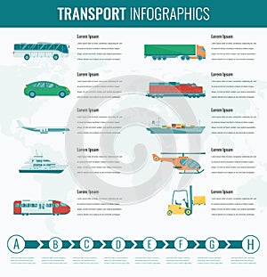 Transportation icons set. City cars and vehicles transport. Car, ship, airplane, train. Flat design. Vector