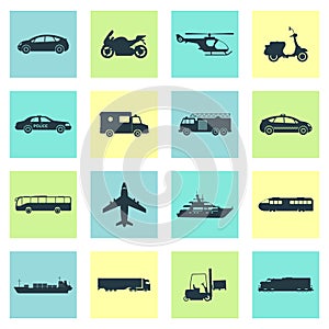 Transportation icons set. City cars and vehicles transport. Car, ship, airplane, train, motorcycle, helicopter