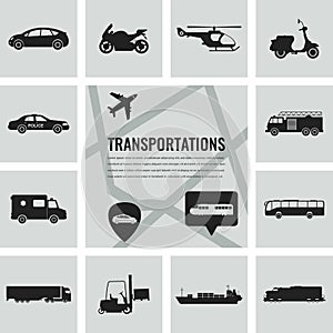 Transportation icons set. City cars and vehicles transport. Car, ship, airplane, train, motorcycle, helicopter