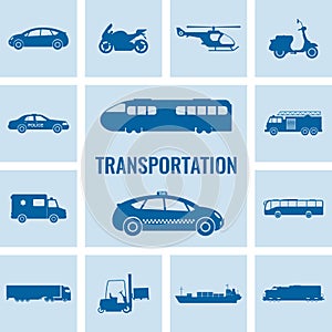 Transportation icons set. City cars and vehicles transport. Car, ship, airplane, train, motorcycle, helicopter