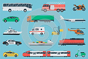 Transportation icons set. City cars and vehicles transport. Car, ship, airplane, train, motorcycle, helicopter. Flat