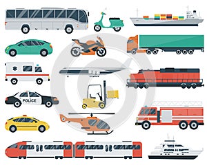 Transportation icons set. City cars and vehicles transport. Car, ship, airplane, train, motorcycle, helicopter. Flat